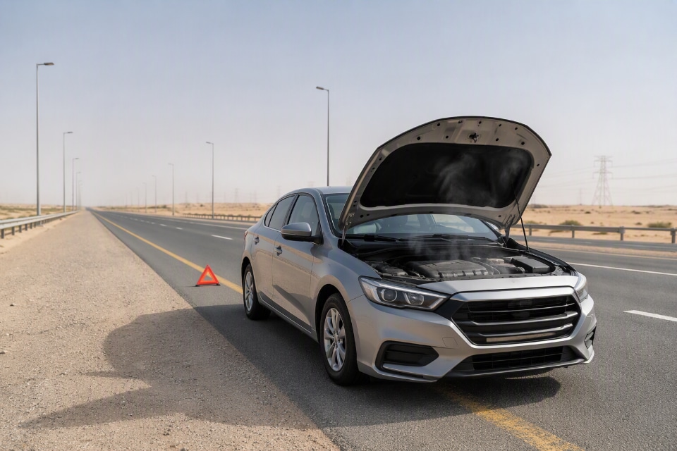 a car on a UAE road with hood open