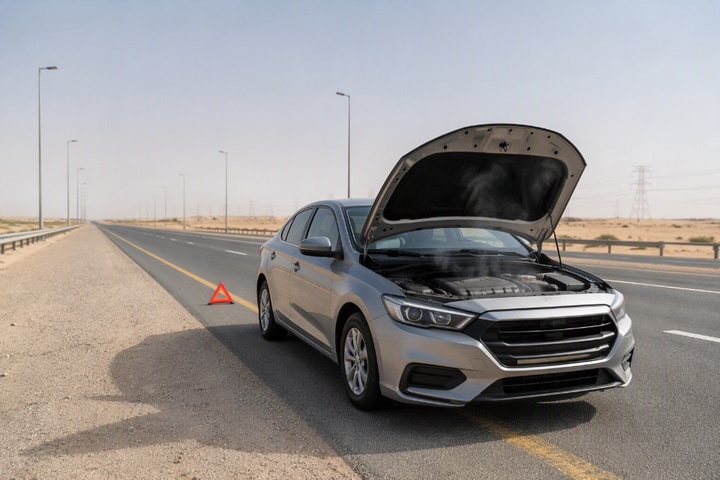 a car on a UAE road with hood open