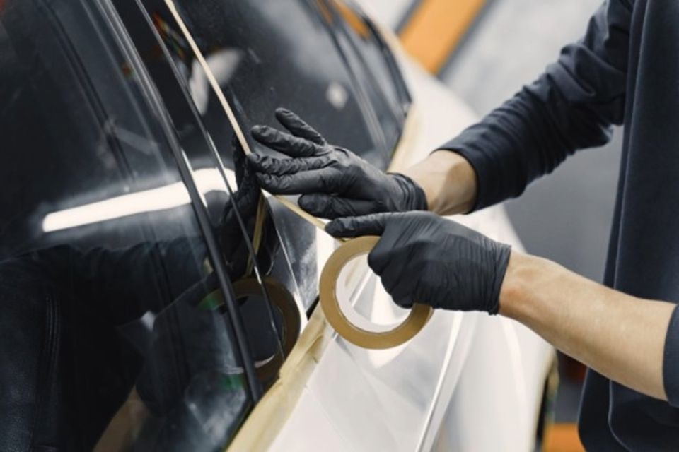 Person applying masking tape to a car before tinting.