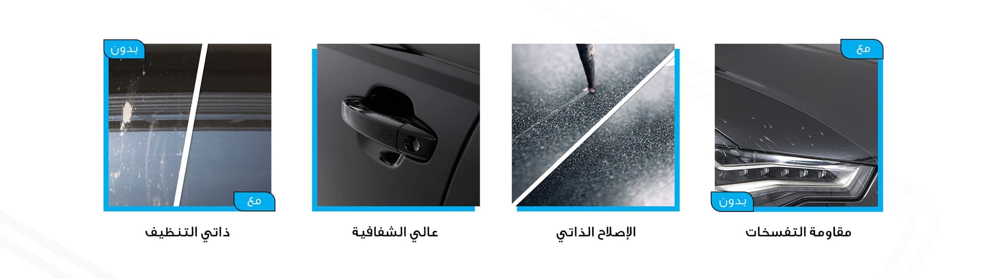 مقارنة توضح مزايا فيلم حماية الطلاء (PPF)، مثل مقاومة التشققات، والالتئام الذاتي، والسطح ذاتي التنظيف.