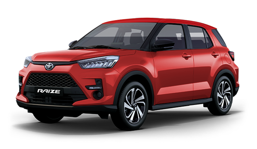 Toyota Raize 2026 red compact SUV front three-quarter view on transparent background | Images, Price, Reviews and Specs | ArabWheels.ae