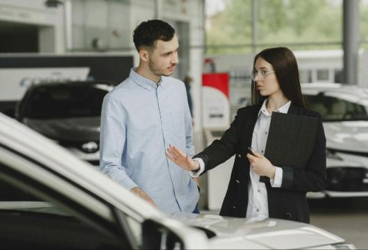  Sales agent talking to a customer in a car showroom