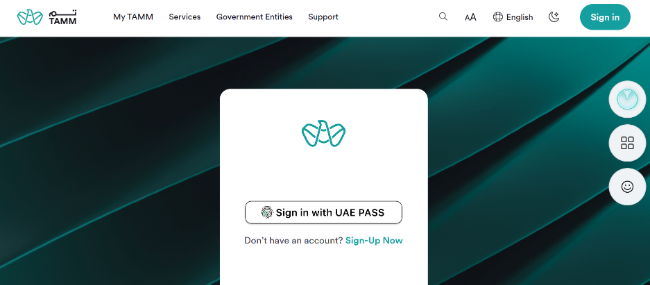 TAMM portal homepage with a sign-in option using UAE PASS