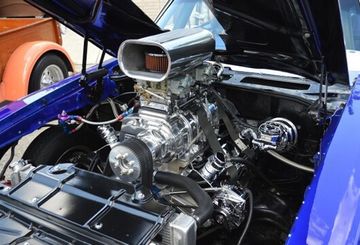 V8 Engine of a Blue Car