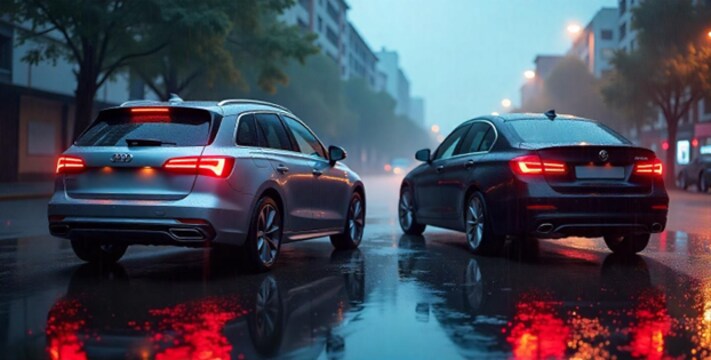A hatchback and a sedan on a road