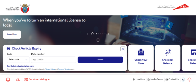 Official RTA website allowing users to check vehicle expiry details online