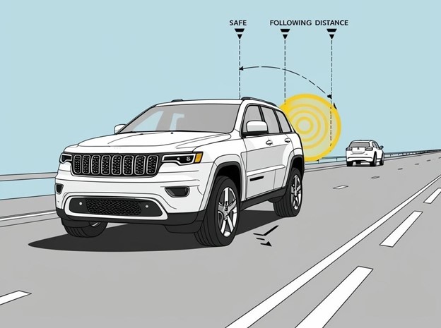 Drawing of Jeep car on the road showcasing safety feature sensors of adaptive cruise control.