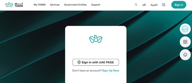 TAMM portal homepage with a sign-in option using UAE PASS