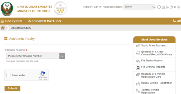 Users can check if any car's history records by visiting the Ministry of Interior's website and navigate to the Accidents Inquiry section