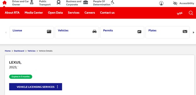 RTA Dashboard showing days remaining for mulkya (car registration) to expire