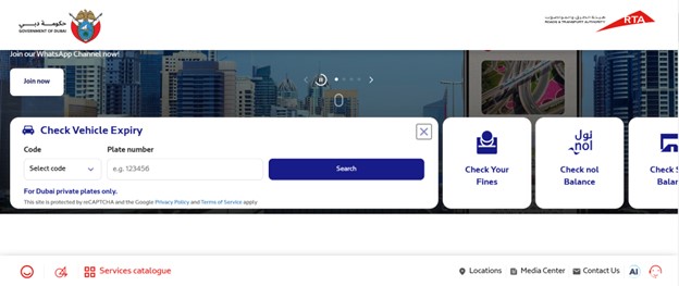 Official RTA website allowing users to check vehicle expiry details online