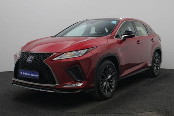 Side view of a red Lexus RX 450H hybrid car