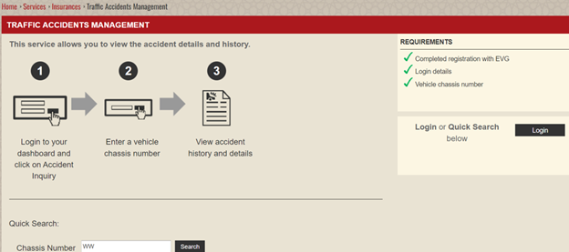 User must add the chassis number in the "Quick Search" field to get the car's accident history in the UAE