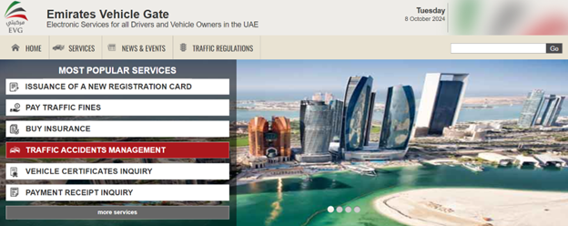 To check for any accident data on a car, users must click on "Traffic Accidents Management" when they land on EVG's homepage