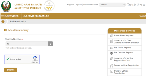 Users must enter the Chassis or VIN number of the vehicle to check it's accident history.