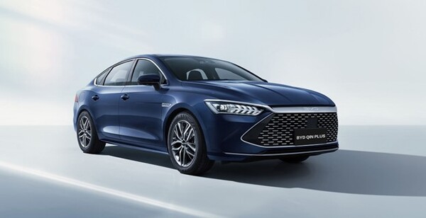 A navy blue BYD QIN PLUS electric car